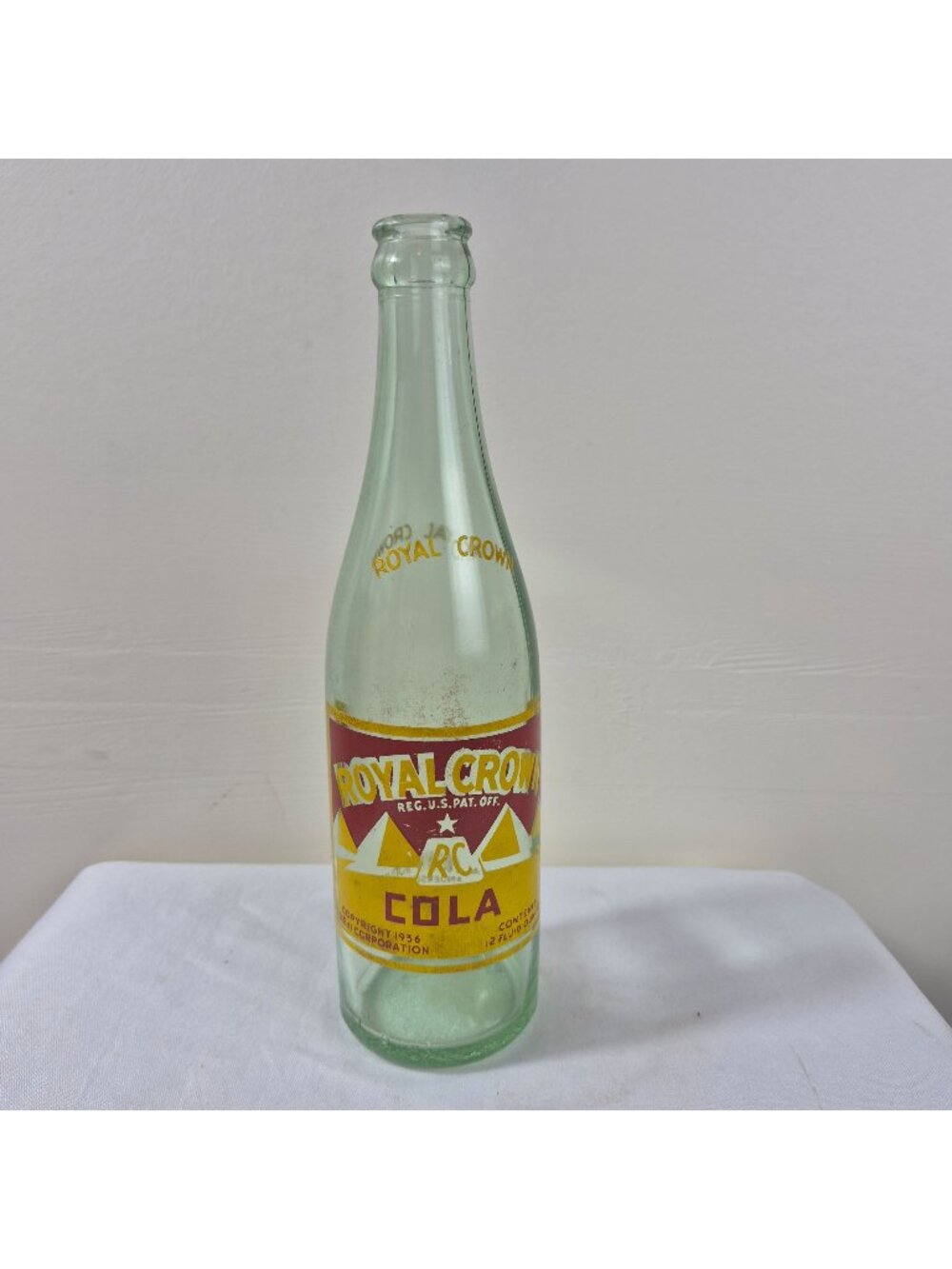 Vintage 1936 Royal Crown Cola 12 Oz Glass Bottle With Yellow & Red Label Design